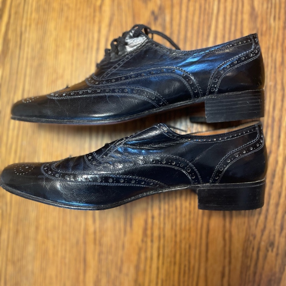 Vtg Deerskin Trading Post Men’s Black Leather Dress Shoe Made in Spain, Sz 9D